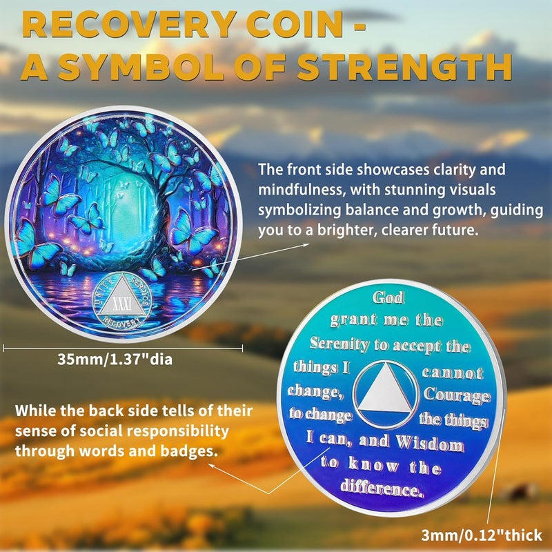 deDecoml Serenity Prayer Recovery Coin Butterfly Tree Design with Unity, Service, and Recovery Triangles Challenge Coin Sobriety Sober Coin NA AA Chips and Medallions (Blue Butterfly Tree, 31 Years) - Image 2